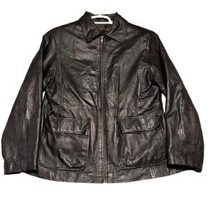 Vintage Mens Black Leather Biker Jacket XL Zip Front Pockets Lined‎
